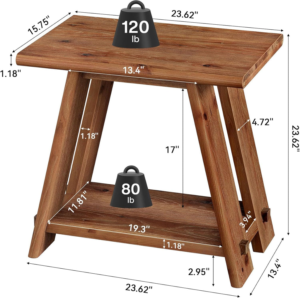 Solid Wood Side Table, Narrow Small End Table with 2-Tier Storage, Farmhouse Rectangle Bedside Nightstand for Living Room Bedroom, Small Places (1, Brown)