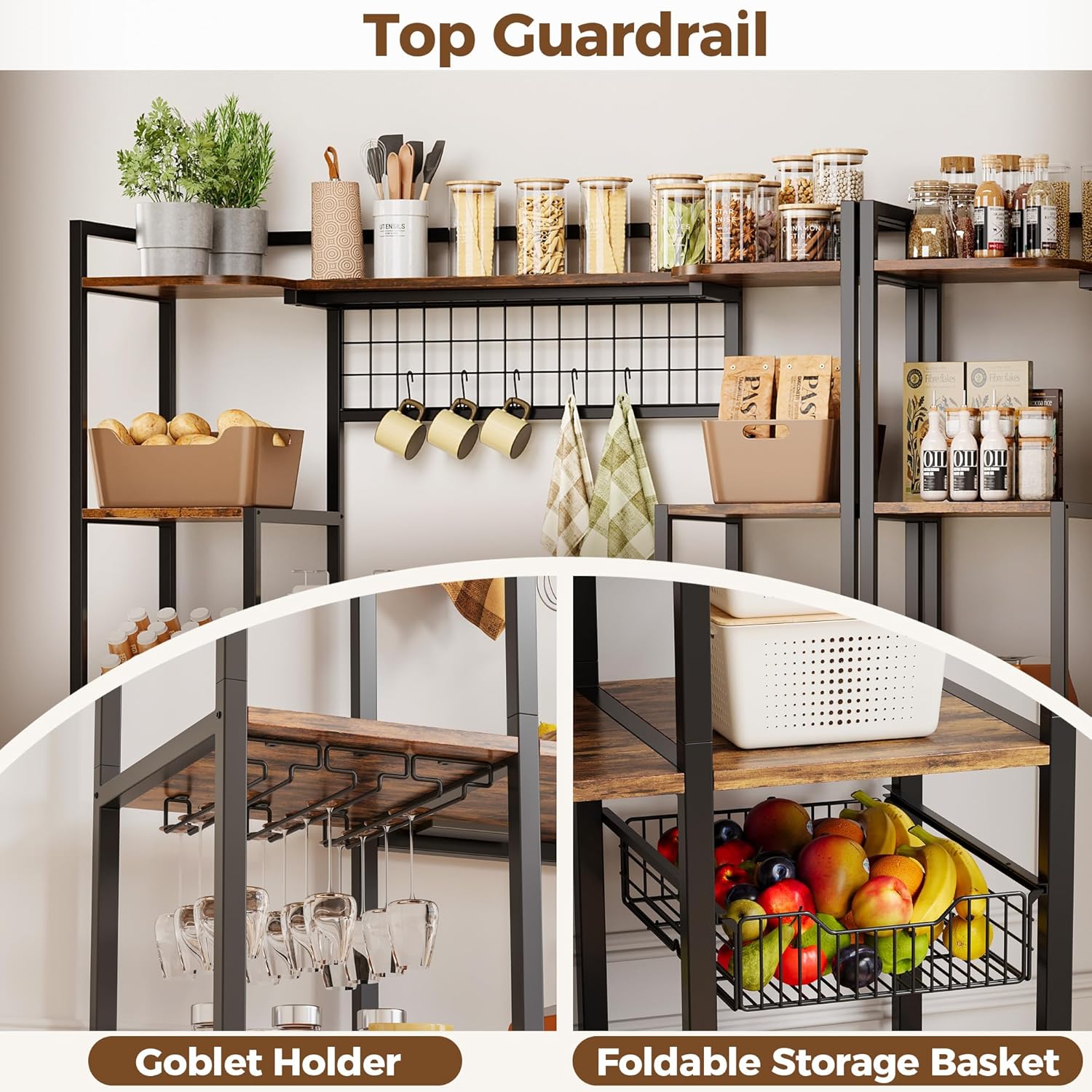 IRONCK Bakers Rack with Power Outlet, Coffee Bar Cabinet, Vintage Brown | Built-In Power Outlet. 55-inch countertop fits microwaves. Wine glass holder, 5 hooks, 2 cabinets. P2 MDF. Anti-tip.