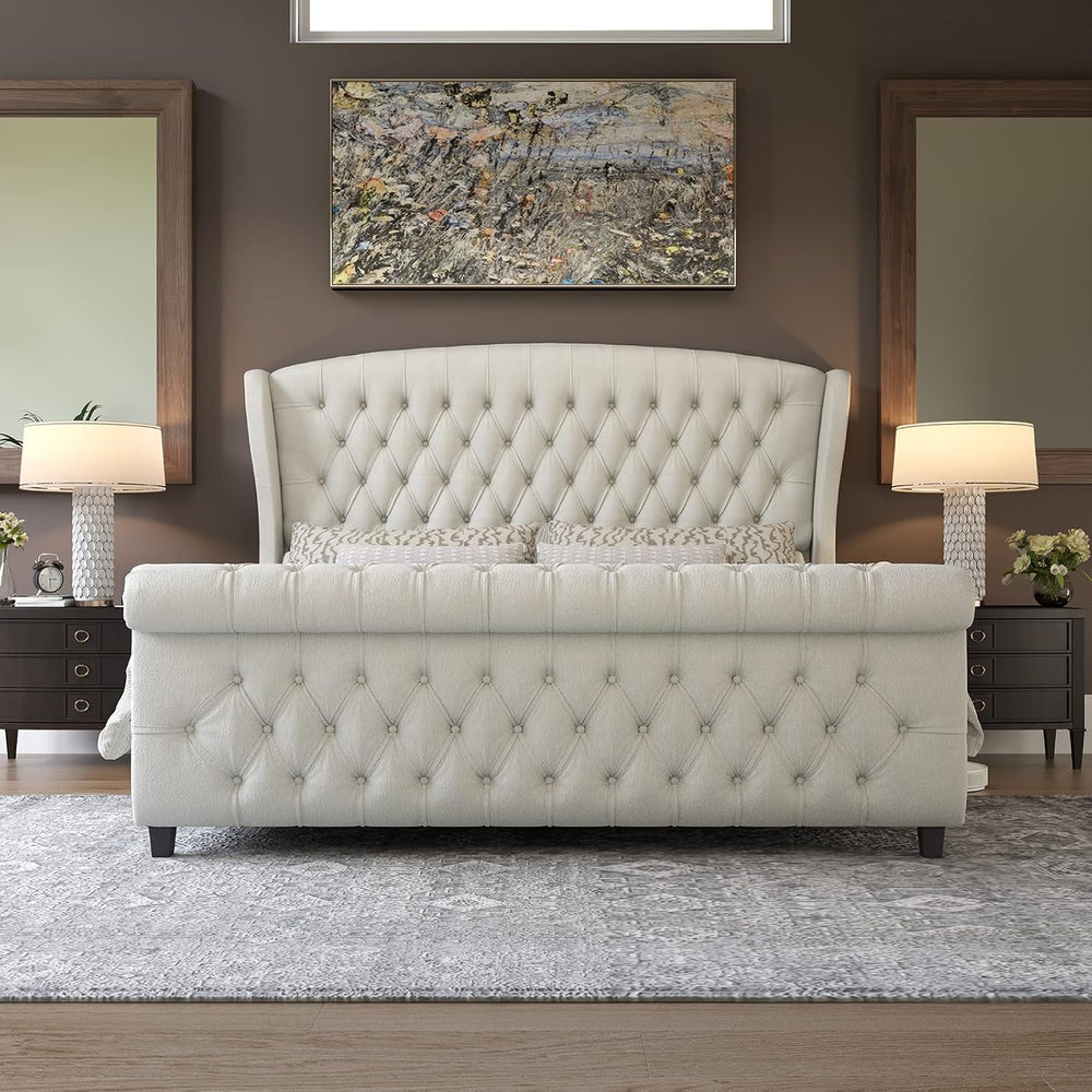AMERLIFE Queen Size Upholstered Sleigh Bed Frame with Wingback Headboard