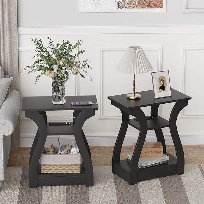 End Table with Charging Station, Side Table with USB Ports and Outlets, Night...