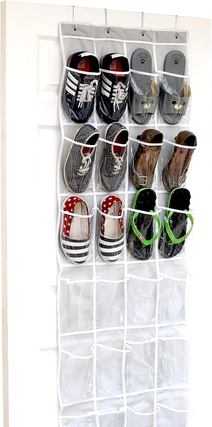 Simple Houseware 24 Pockets Clear Over the Door Shoe Organizer, Gray | 64" x 19", 4 Durable Metal Hooks, 4.3" x 9.5" Pocket Size, Multipurpose