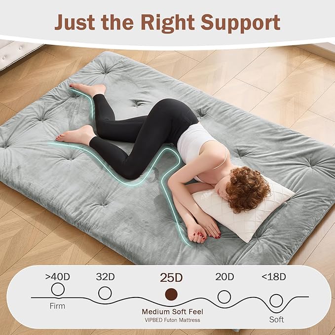Japanese Floor Futon Mattress Twin Size 38"x 80", 2.5'' Thick Foldable Roll Up Floor Bed Sleeping Pad, 25D Foam Filled Tatami Mat with Straps for Guest Room, Dormitory & Camping, Grey