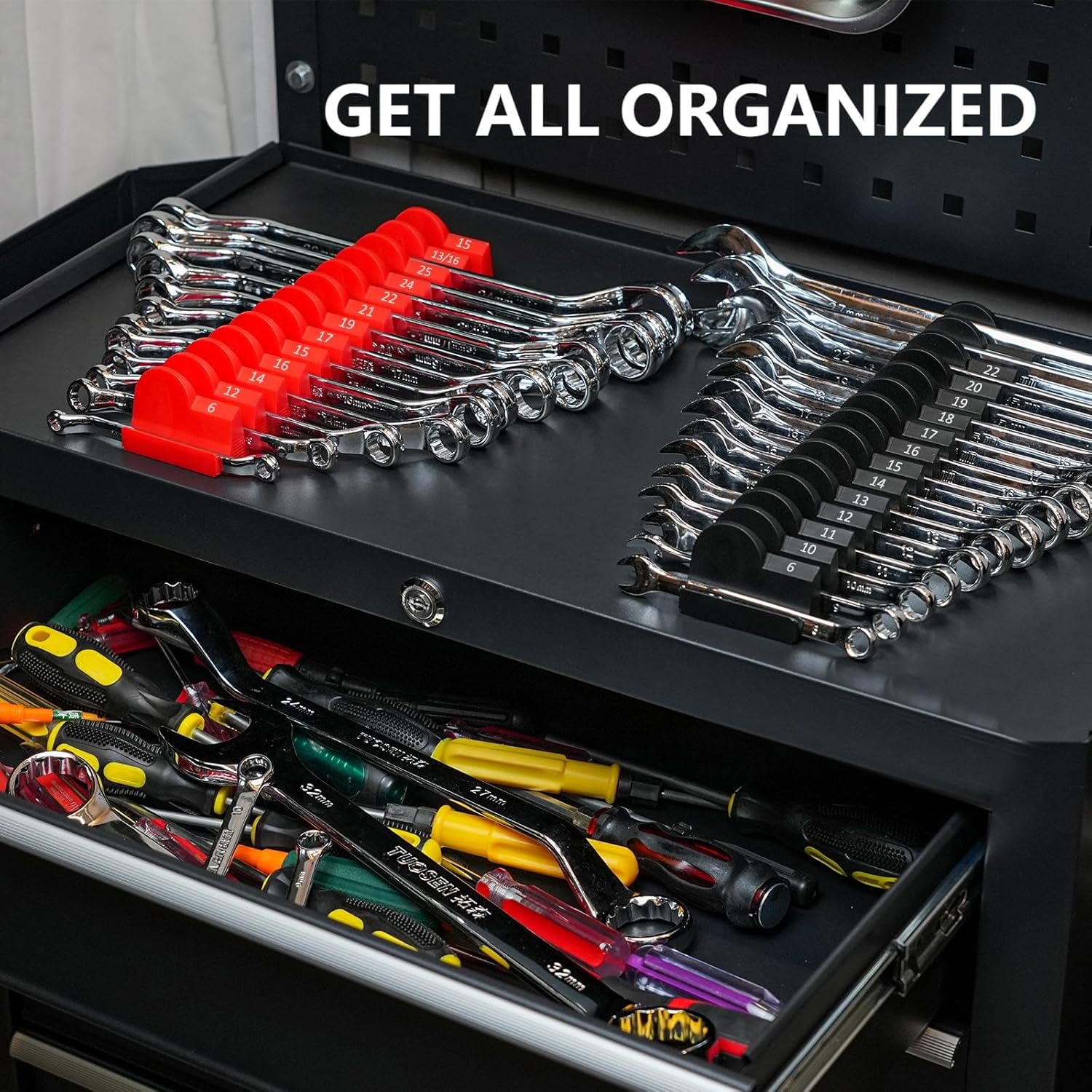 24pcs Magnetic Modular Wrench Organizers for Tool Drawers - Wrench Rack with Metric&SAE Labels,Tool Storage Holder with Magnet.Gift for Father, Brother&Boyfriend (Red with Magnets)