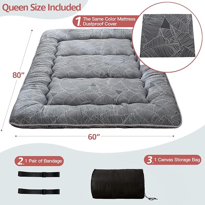 MAXYOYO Japanese Floor Mattress Futon Mattress, 4" Thicken Tatami Mat Sleeping Pad Foldable Roll Up Mat Boys Girls Dormitory Pad Kids Floor Lounger Pillow Bed, Charcoal Grey, Queen Size