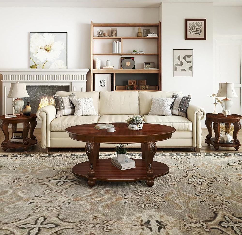 LKTART Oval Wood Living Room Coffee Table and End Table Set of 3, Cherry