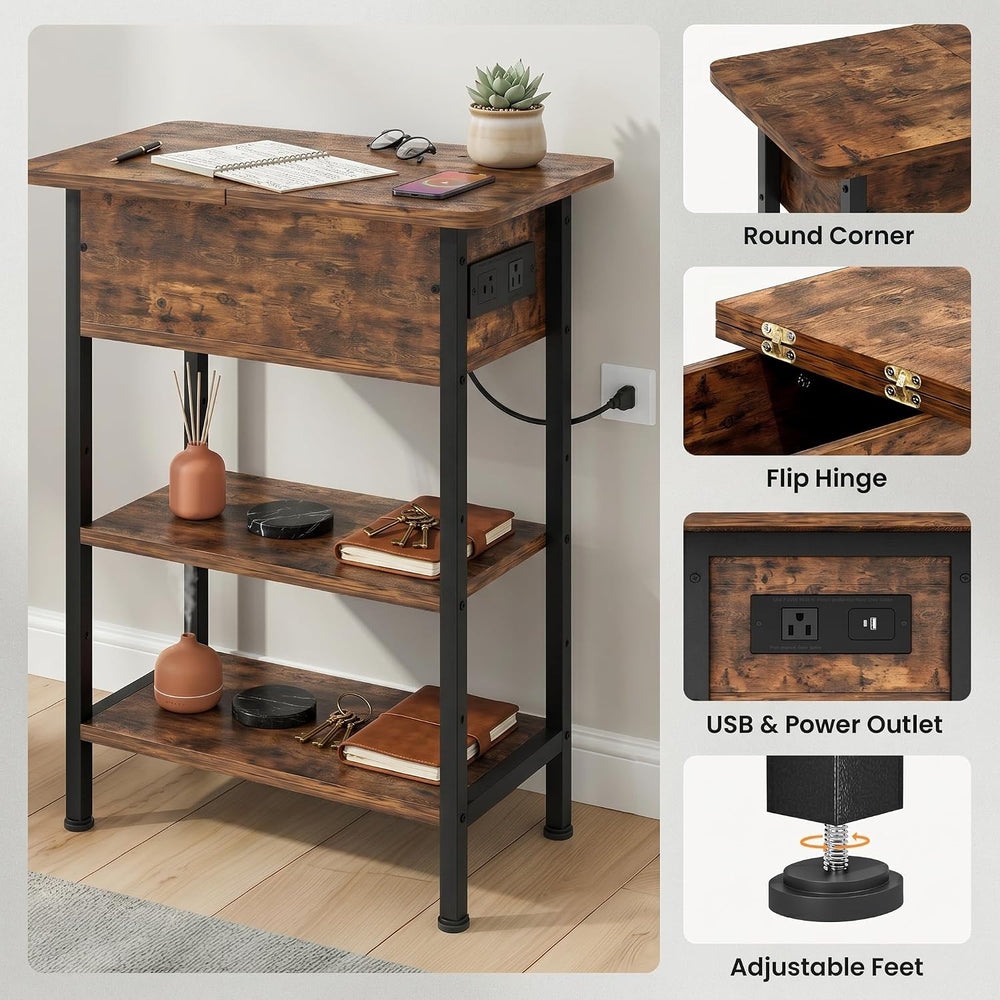 GRUSIGN End Table with Charging Station, Flip Top Side Table with USB Ports a...