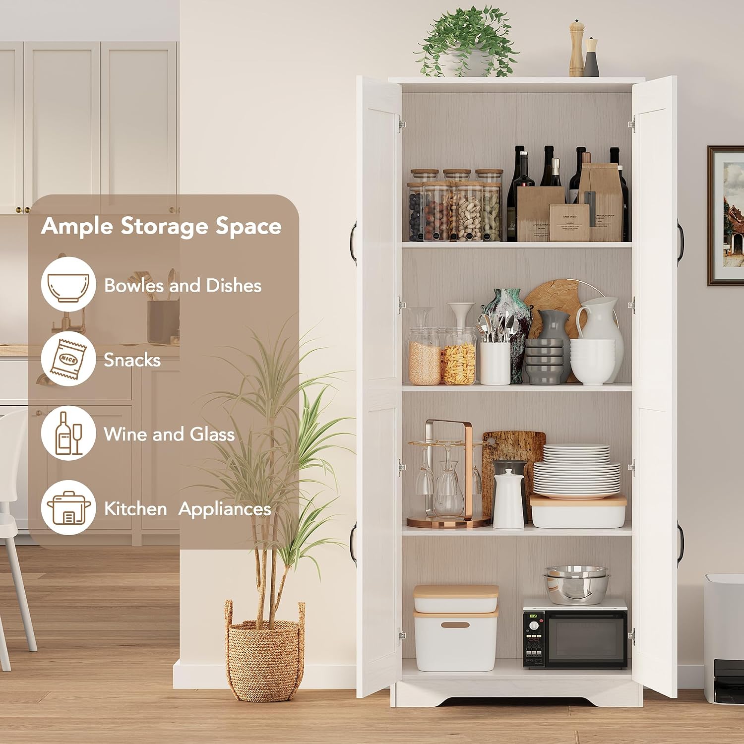 CABIHOME White Pantry Storage Cabinet 60" Tall, 2-Door Adjustable Shelf Cupboard for Kitchen, Bathroom, Living Room - Tall Storage Furniture
