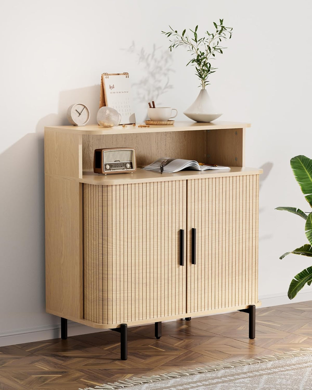 SUNCOZE Buffet Sideboard Cabinet with Big Storage Space, Fluted Coffee Bar Ca...
