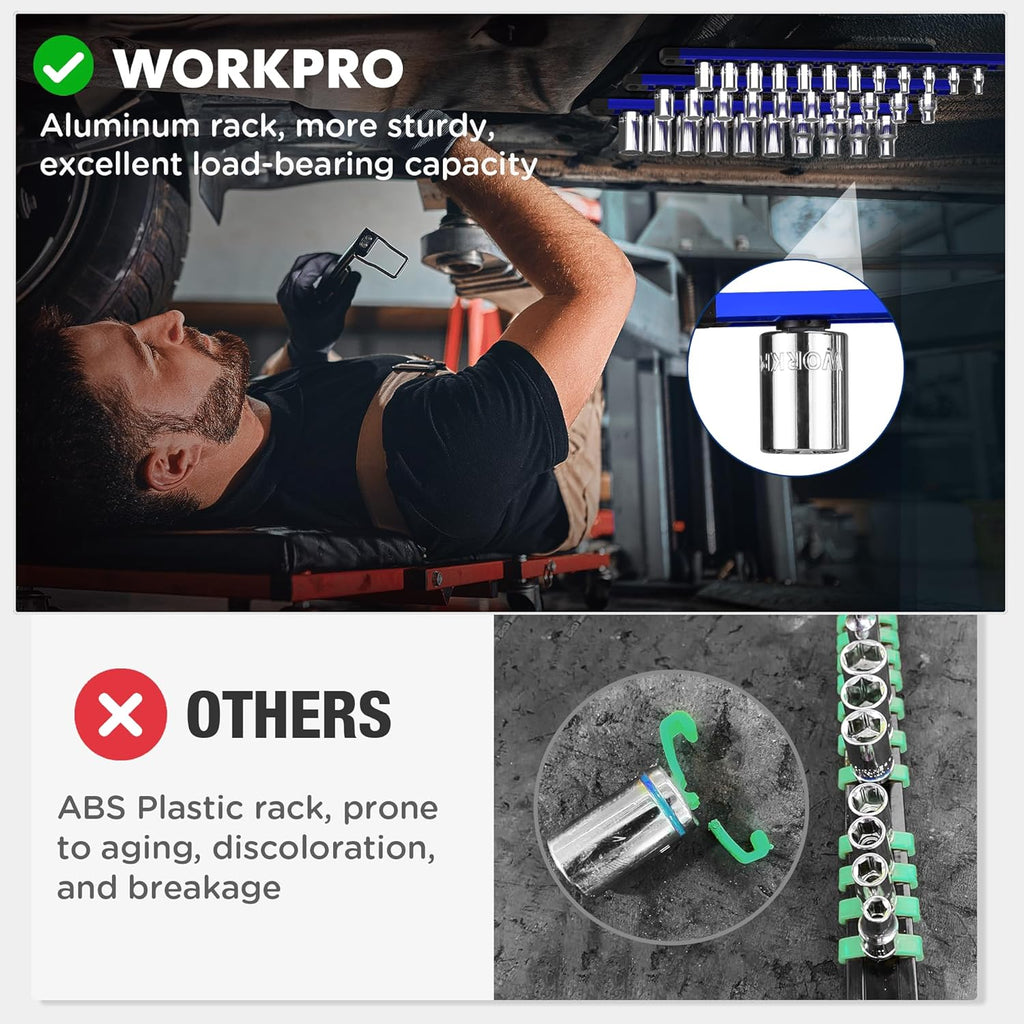 WORKPRO Magnetic Socket Organizer - 6-Piece Aluminum Alloy Socket Rail, Heavy Duty Socket Holder - Set: 1/4-Inch x 12 Clips, 3/8-Inch x 10 Clips, 1/2-Inch x 10 Clips