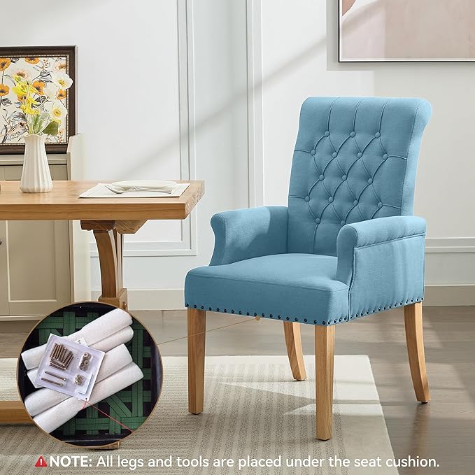 Fabric Dining Chair with Arms, Upholstered Tufted High Back Dining Room Chair...