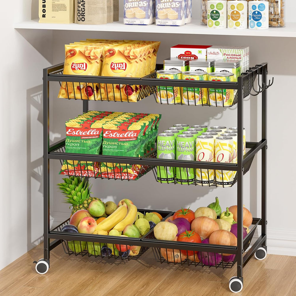 3-Tier Rolling Pantry Floor Organizer Cart with 6 Detachable Baskets, Metal W...