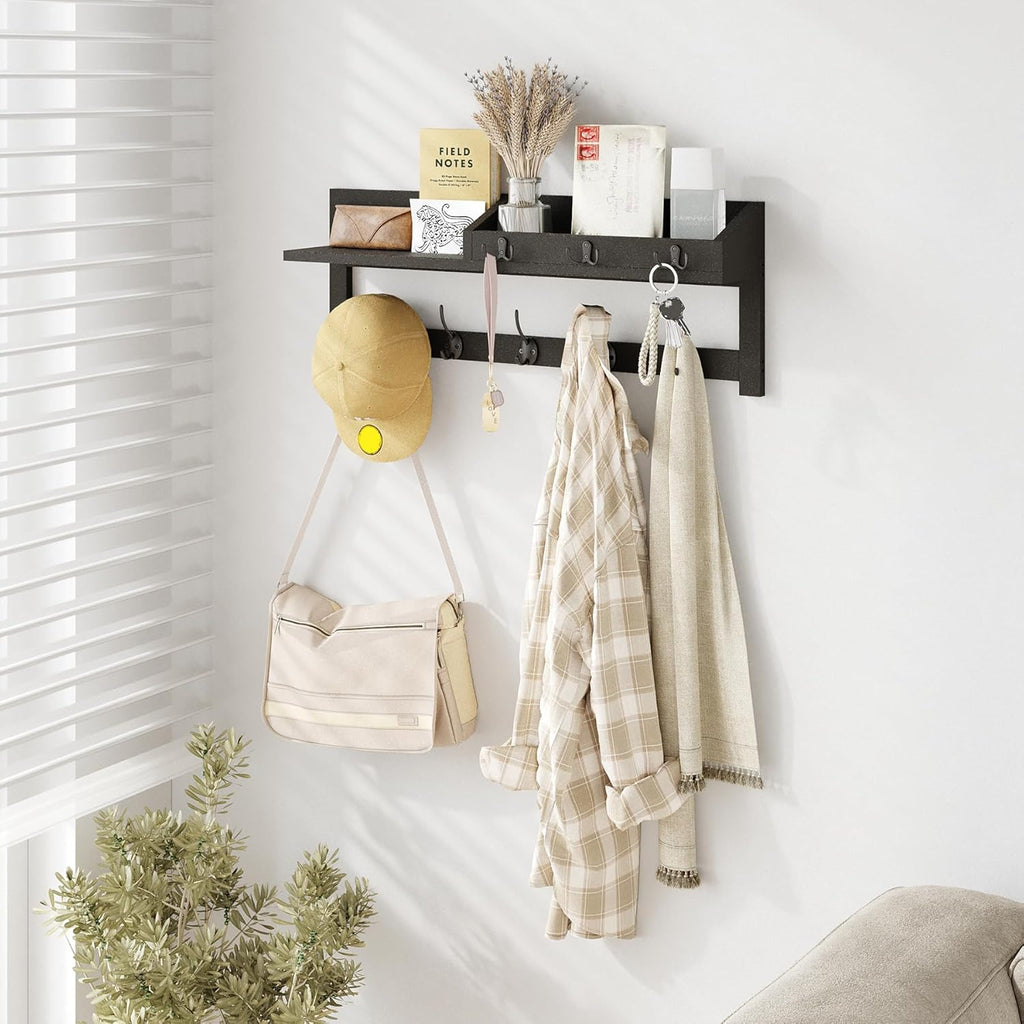 AMBIRD Wall Hooks with Shelf - 26.57" Entryway Wall Hanging Shelf Wood Coat Hooks and Key Holder (Black)