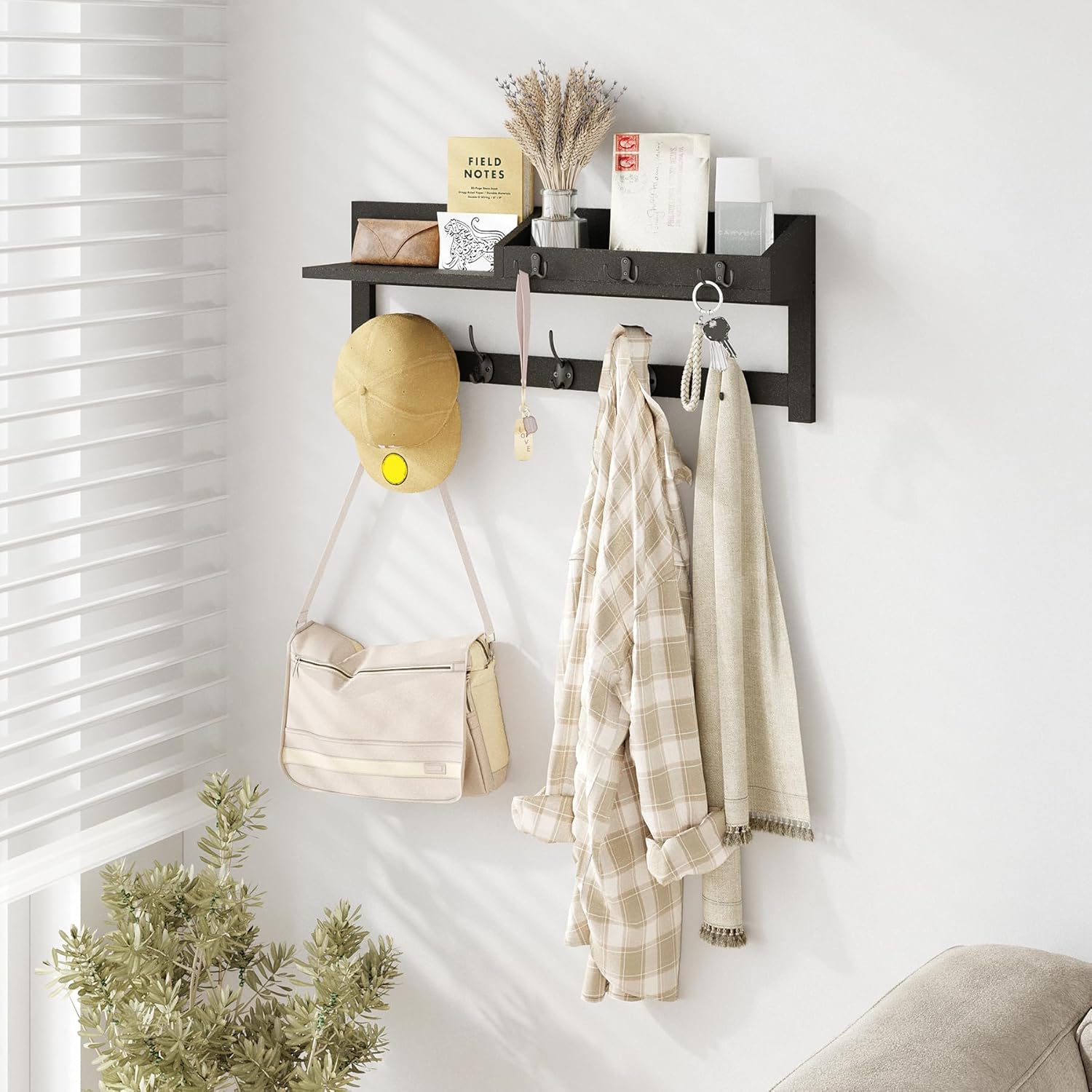 AMBIRD Wall Hooks with Shelf - 26.57" Entryway Wall Hanging Shelf Wood Coat Hooks and Key Holder (Black)