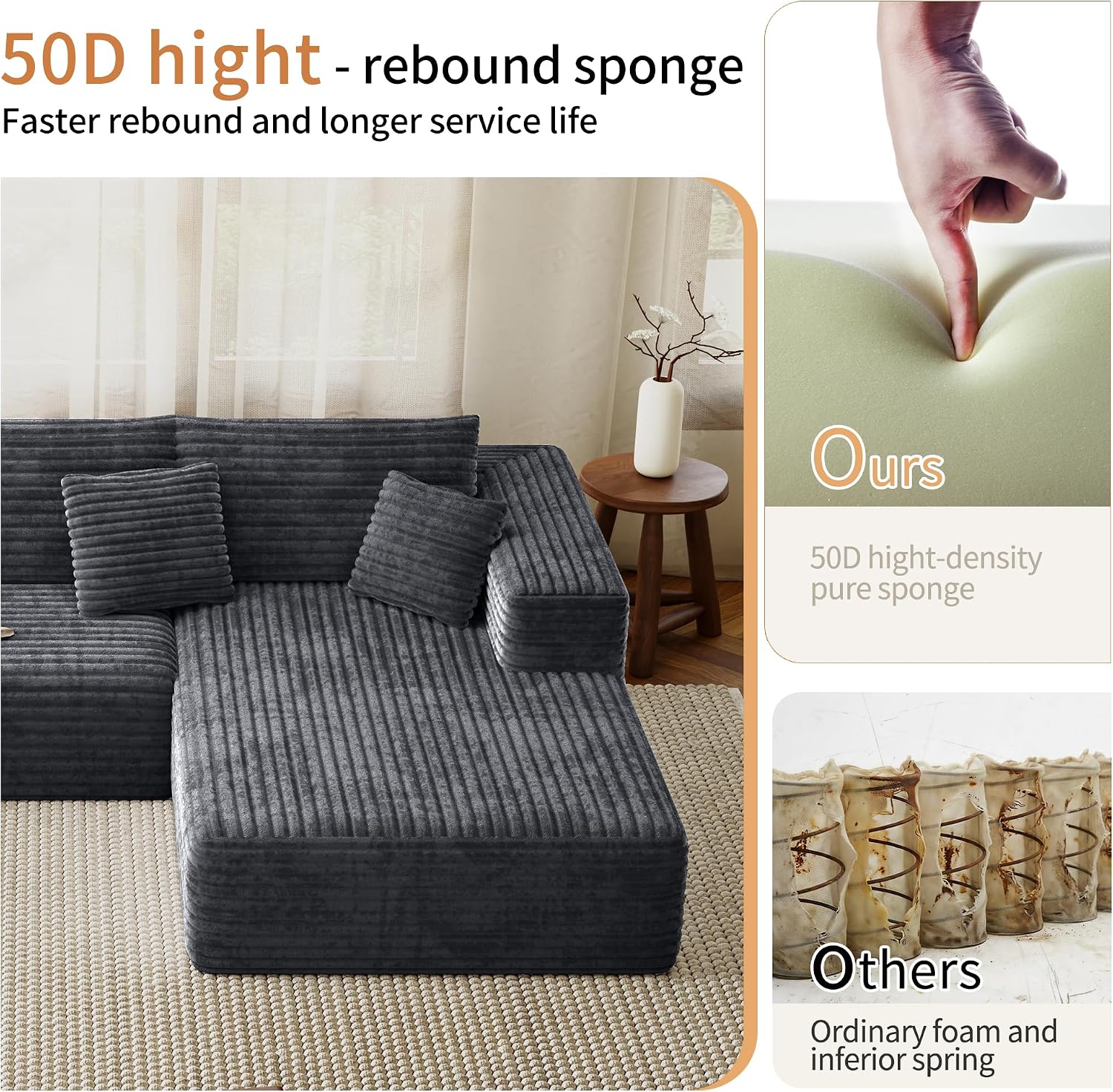 Boneless Sectional Couch for Living Room, Modular Sectional Sofa | 107" Modern L Shaped Could Couch Deep Seat Corduroy Floor Sofa, No Assembly Required, (Grey,107" L-shaped Right)