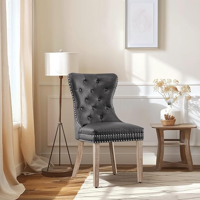 SyMax Dining Chairs Set of 6, Faux Leather Parson Dining Room Chairs, High-End Tufted Kitchen Side Chairs for Bedroom, Living Room, Gray