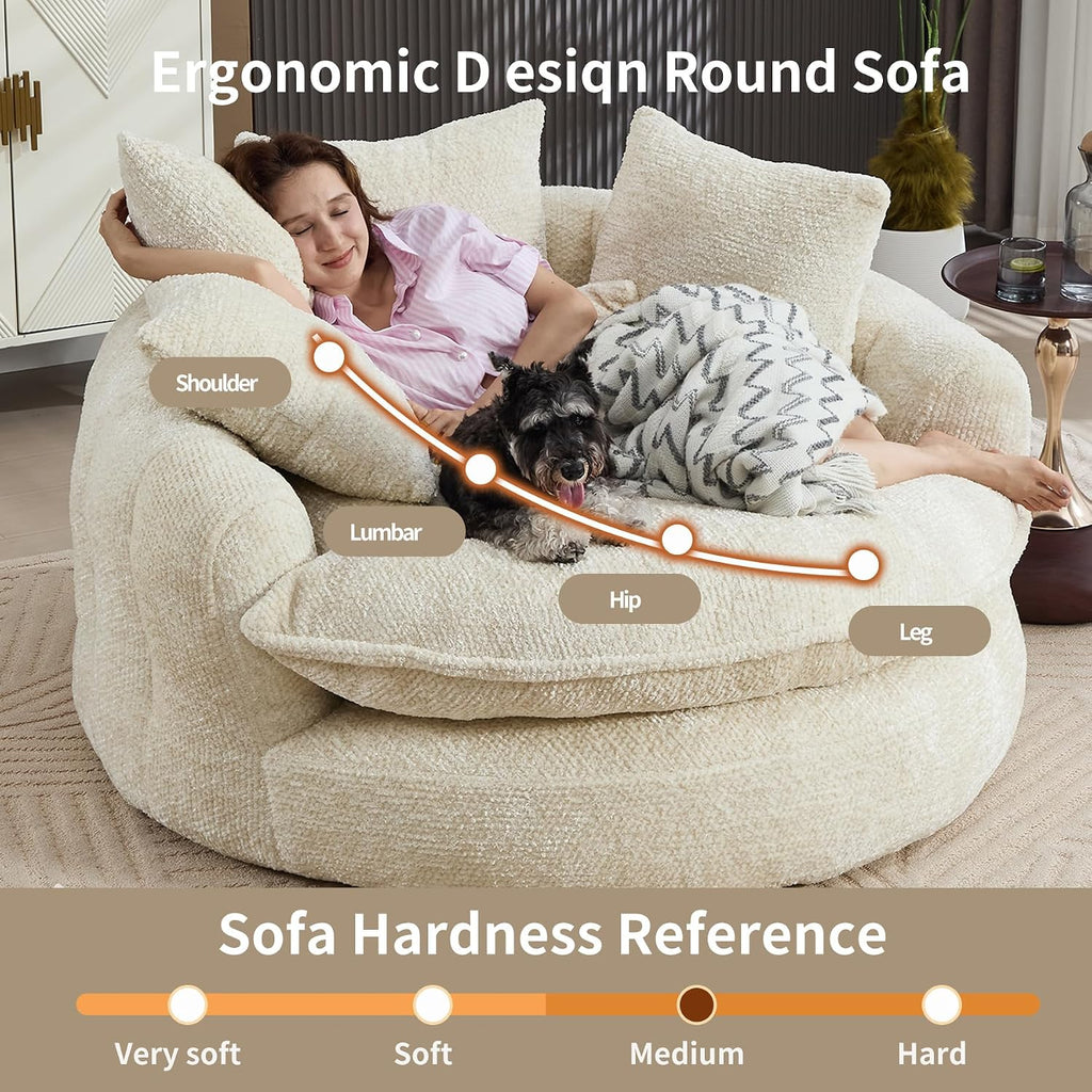 Oversized Fluffy Chenille Lounge Sofa - Extra Deep Seat Cozy Reading Circle Couch for Living Room | Indoor Lounge & Oversized Round Accent Design (Beige)