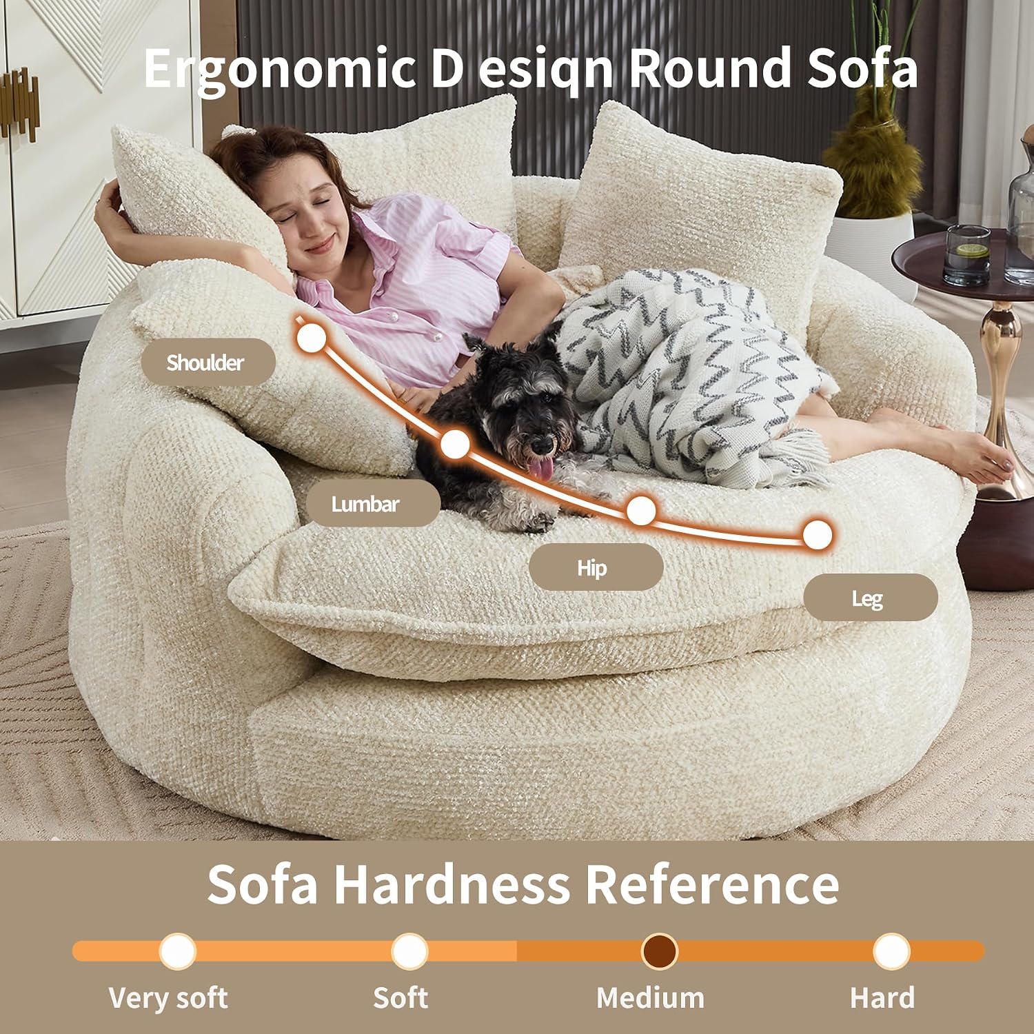 Oversized Fluffy Chenille Lounge Sofa - Extra Deep Seat Cozy Reading Circle Couch for Living Room | Indoor Lounge & Oversized Round Accent Design (Beige)