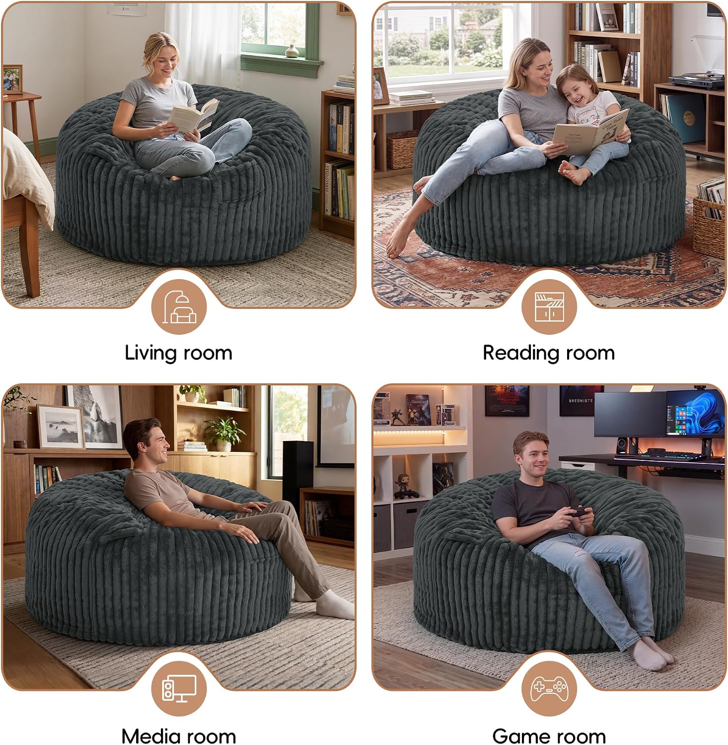 Bean Bag Chair Giant Beanbag with Filling Memory Foam Living Room Adult 5FT | Breathable Big Giant Oversized Beanbag Bed Washable Cover Green Grey White