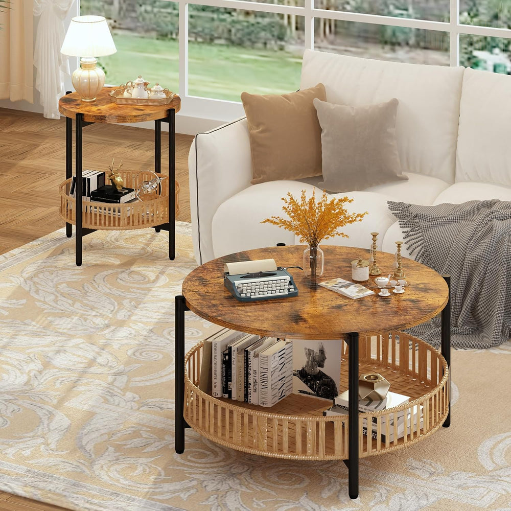 AWQM 3 Pieces Coffee Table Set for Living Room, 2 Tier Round Rattan Coffee En...
