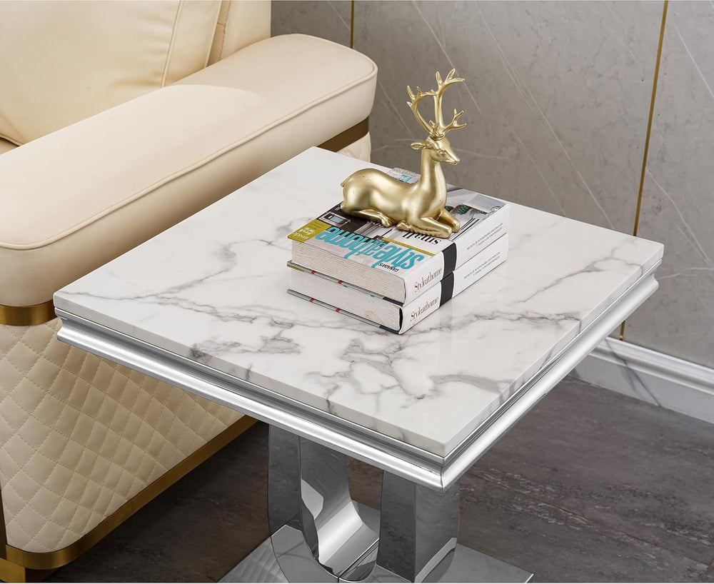 Faux Marble End Table, Modern Rectangular Conner Table with Faux Marble Top U...