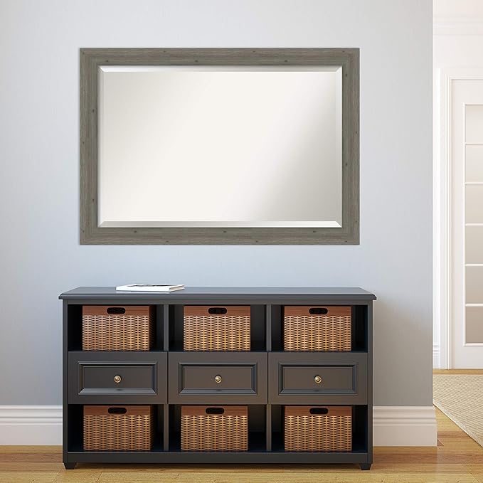 Amanti Art Grey Wall Mirror 29x41 Fencepost Grey Narrow Rectangle Bathroom Mirror for Wall Decor Living Room, Large Rustic Farmhouse Wood Frame, Hangs Horizonally and Vertically, Bathroom Decor