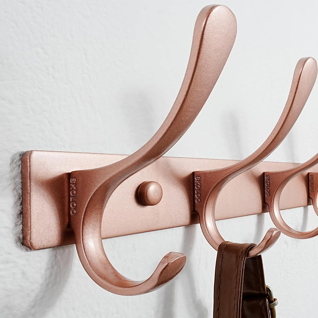 SKOLOO Wall Mounted Coat Rack - 10 Hooks, Pack of 2, Heavy Duty, Stainless Steel, Metal Wall Hanger, Sturdy Coat Hooks for Hanging Coats, Jackets, Clothes, Hats - Matte Rose Gold
