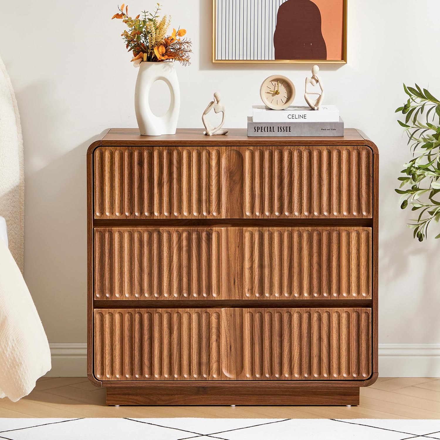 Turtle&Myrtle Fluted 3 Drawer Dressers for Bedroom, 31.5" Wide Large Mid Century Modern Nightstand W/3 Storage Drawers, Wood Dresser & Chest of Drawers with Curved Profile for Living Room (Walnut)