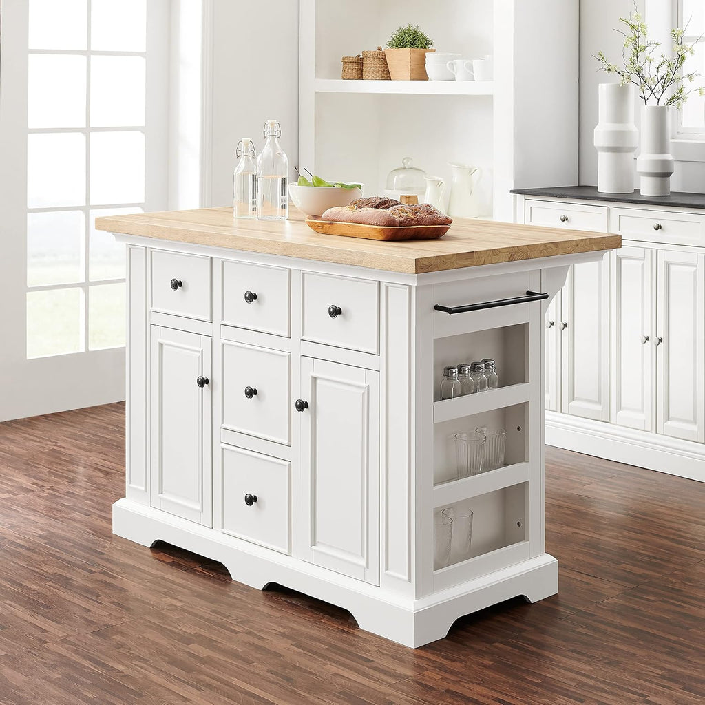 Crosley Furniture Julia Wood Top Kitchen Island with Storage Drawers, Shelves, and Spice Rack, White