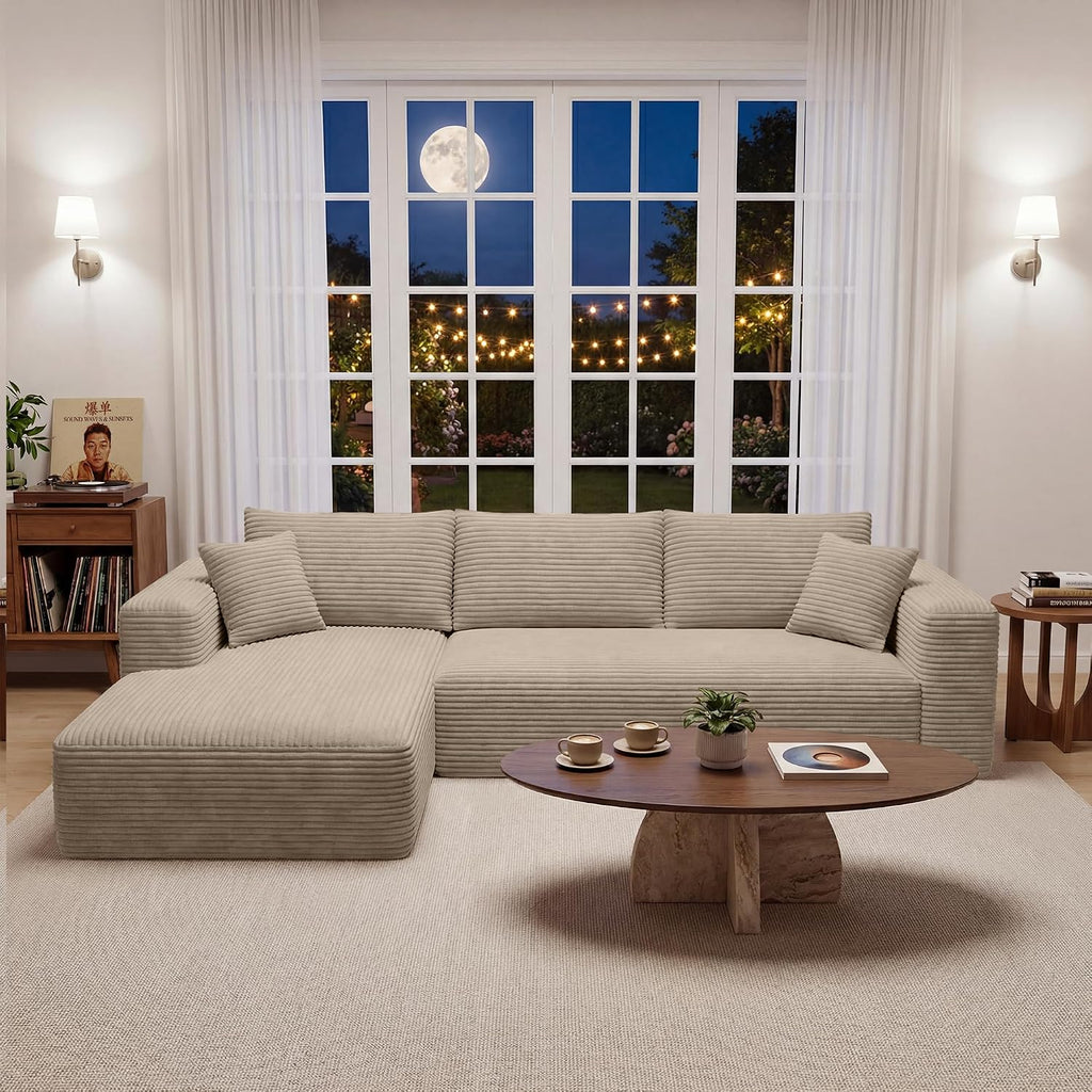 107" Oversized Boneless Couch, Left-Facing Modular Sectional Sofa | All Foam Floor Sofa with Deep Seat Chaise, Fluffy Corduroy Modern Couch No Assembly, Flexible Combination for Home | Oatmeal