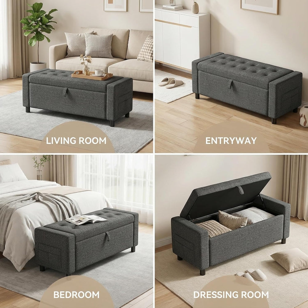 Amada 46" Storage Ottoman Bench, Side Pocket, Safety Hinge, Dark Gray | ...