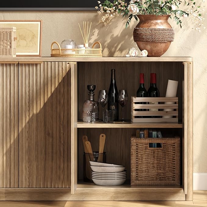 Evermagin 67" Oak Fluted TV Stand for TVs up tp 75", Mid-Century Mo...