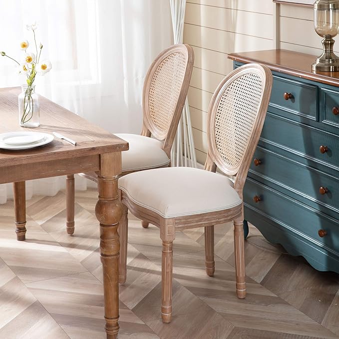 Nrizc French Country Dining Chairs Set of 4, Farmhouse Fabric Chairs with Round Back, Rattan Dining Chair, Oval Side Chairs for Dining Room/Living Room/Kitchen/Restaurant