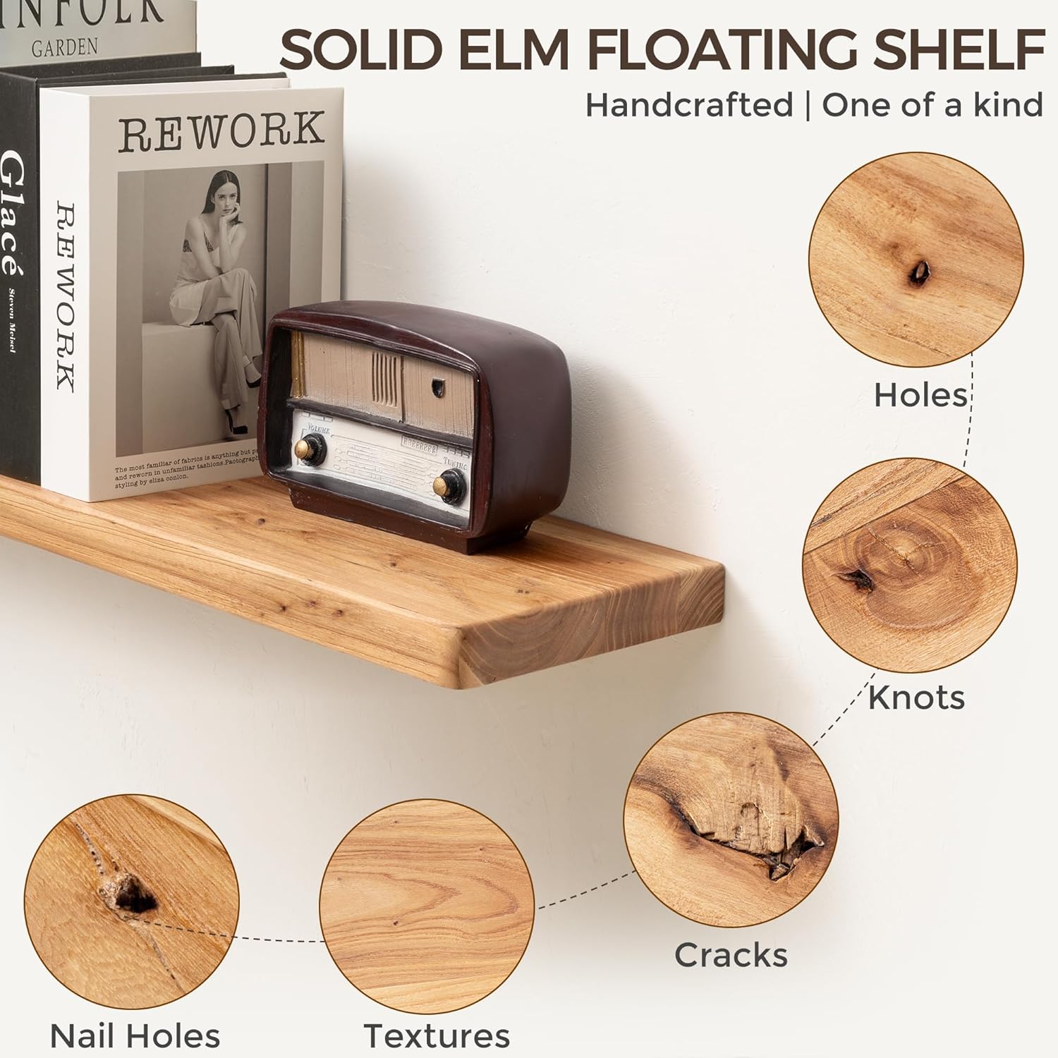 Fun Memories Rustic Elm Wood Floating Shelves, 30 Inch Wall Shelf Set of 2, Wooden Bathroom Shelves with Heavy-Duty Bracket, Storage & Display Shelf for Kitchen, Bedroom, Living Room
