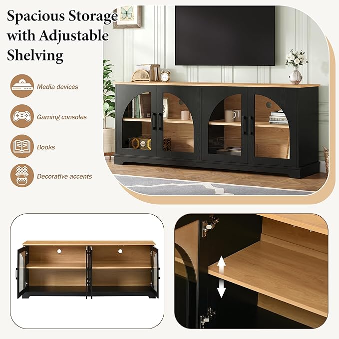 Farmhouse TV Stand with Adjustable Shelves for TVs up to 70'', Entertainment Center with Semi-Arched Glass Doors, Wood Grain Sideboard with Cable Management for Living Room, Black