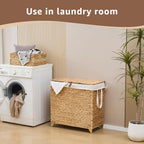 Laundry Hamper with Lid and Removable Liner Bag, Handwoven Natural Hyacinth Clothes Hamper with Heightened Feet, Wicker Laundry Basket for Clothes and Towels，Large, 2-sections