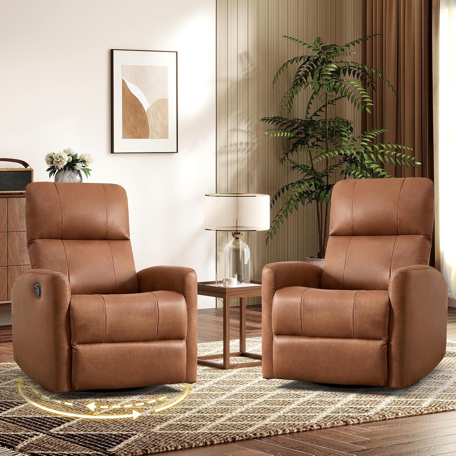 HAOMARKETS Swivel Rocker Recliner Chair Set of 2, Manual Faux Leather Glider Rocking Recliners for Adults, 360° Swivel Nursery Reclining Sofa with Padded Backrest for Living Room, Dark Brown