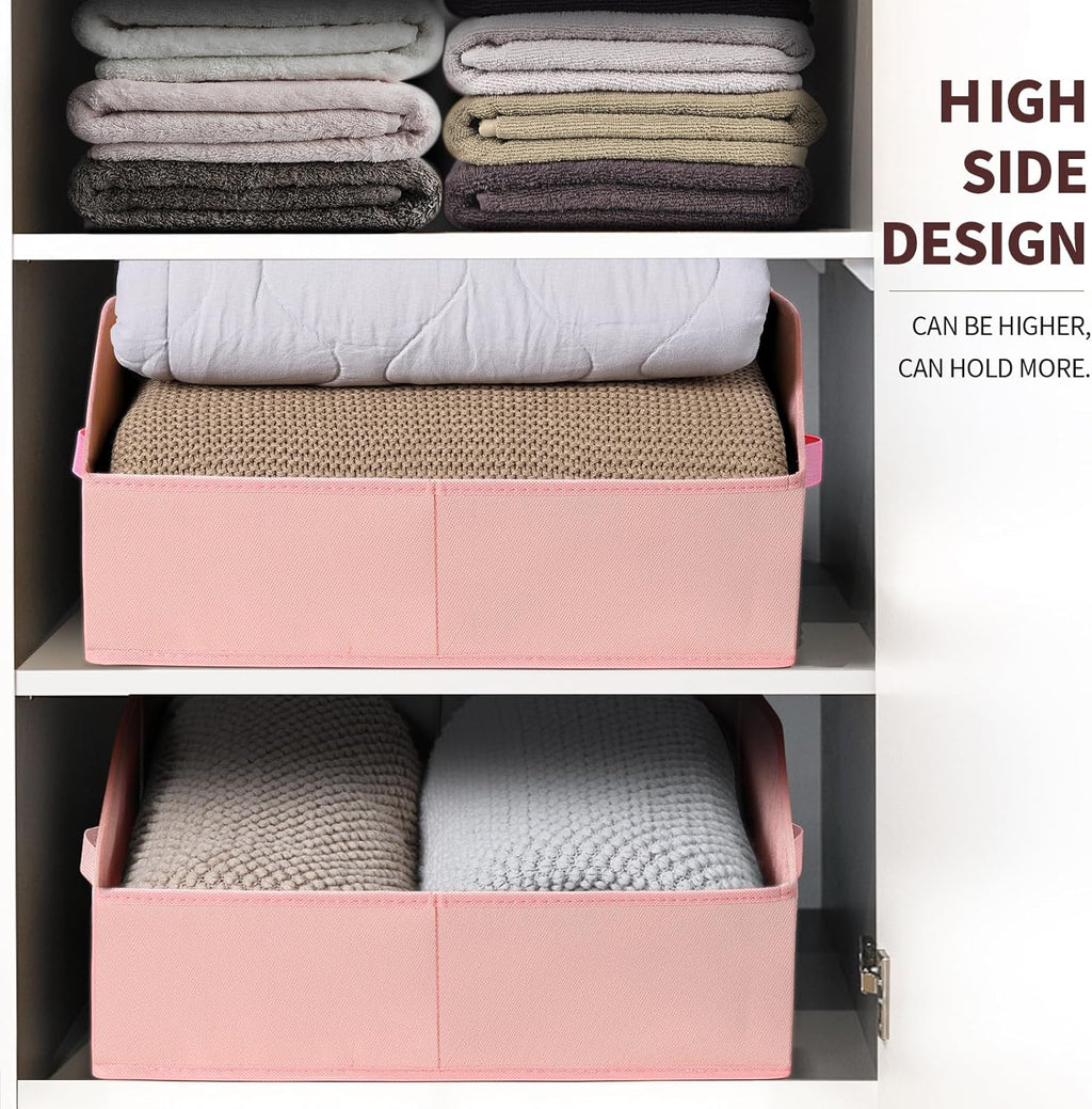 Closet Baskets for Shelves Trapezoid - Decorative Storage Baskets with Handle, Closet Bins for Organization, Shelf Storage Bins for Clothes, Books, Home, Office, 6 Pack, Pink