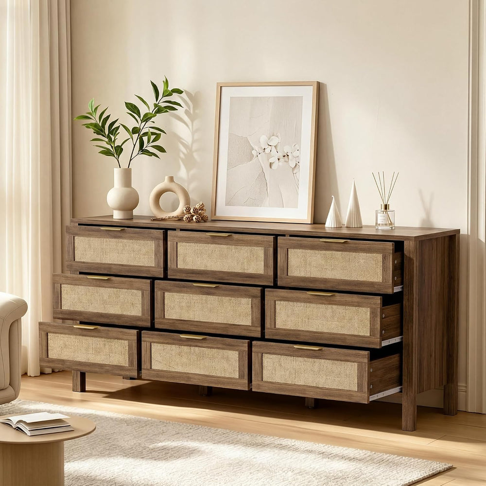 9 Drawer Double Dresser,Wood Dresser,Modern Wooden Storage Cabinet,Chest of D...