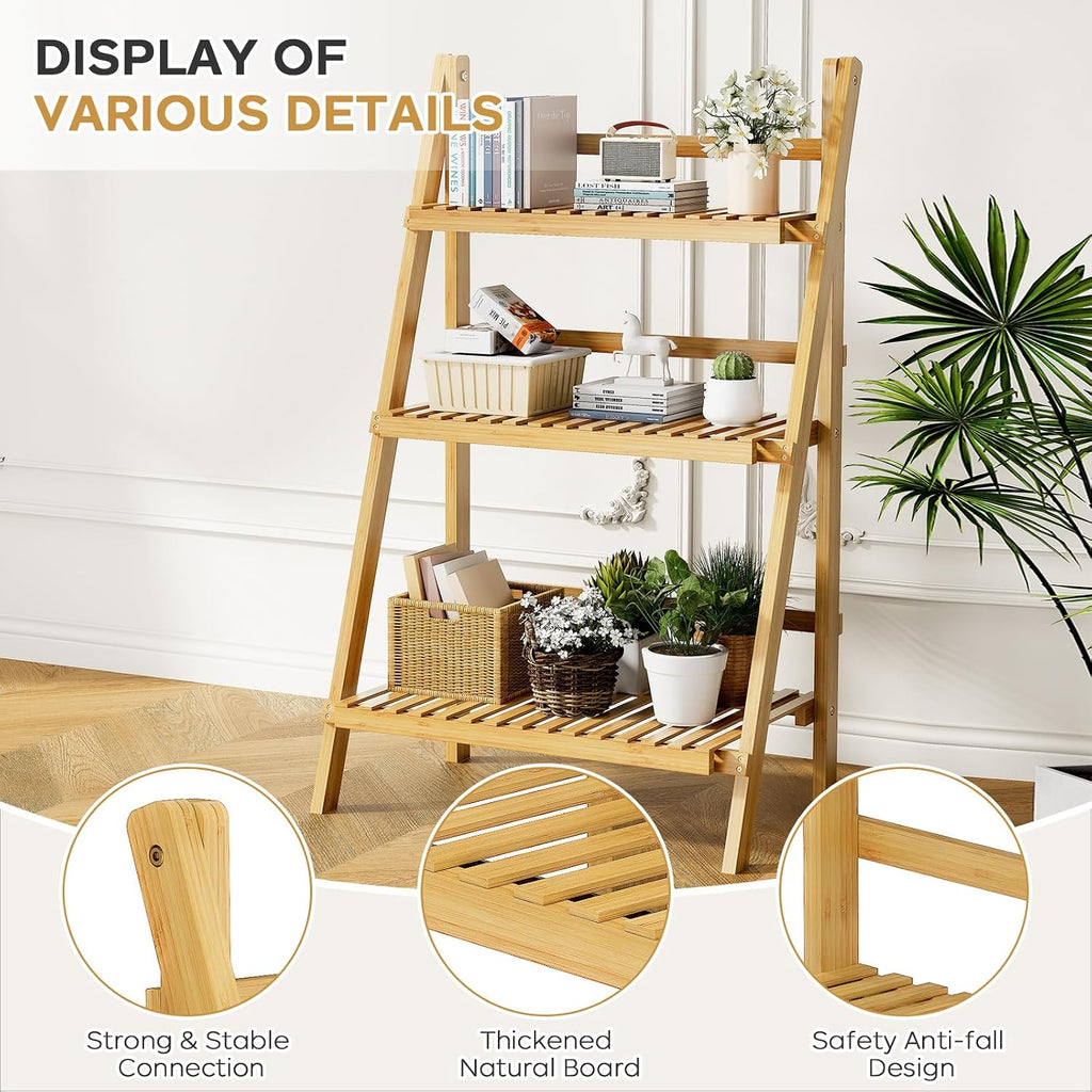 Foldable Ladder Shelf 39.4", Plant Shelf 3 Tier, Bamboo Ladder Flower Pot Display Shelf, Freestanding Ladder Bookshelf for Living Room, Balcony, Yard, Garden, 23.6"W x 15"D x 39.4"H, Natural