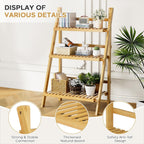 Foldable Ladder Shelf 39.4", Plant Shelf 3 Tier, Bamboo Ladder Flower Pot Display Shelf, Freestanding Ladder Bookshelf for Living Room, Balcony, Yard, Garden, 23.6"W x 15"D x 39.4"H, Natural