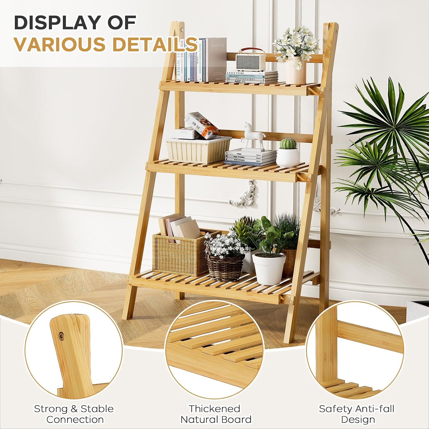 Foldable Ladder Shelf 39.4", Plant Shelf 3 Tier, Bamboo Ladder Flower Pot Display Shelf, Freestanding Ladder Bookshelf for Living Room, Balcony, Yard, Garden, 23.6"W x 15"D x 39.4"H, Natural