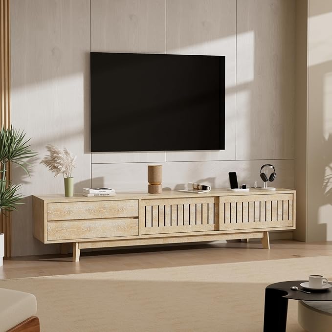 Mid Century Modern TV Stand for 85 Inch TVs, 78.7" Entertainment Center with Storage & Power Outlet, Media Console w/Drawers and Sliding Door, Television Stands for Living Room, Natural