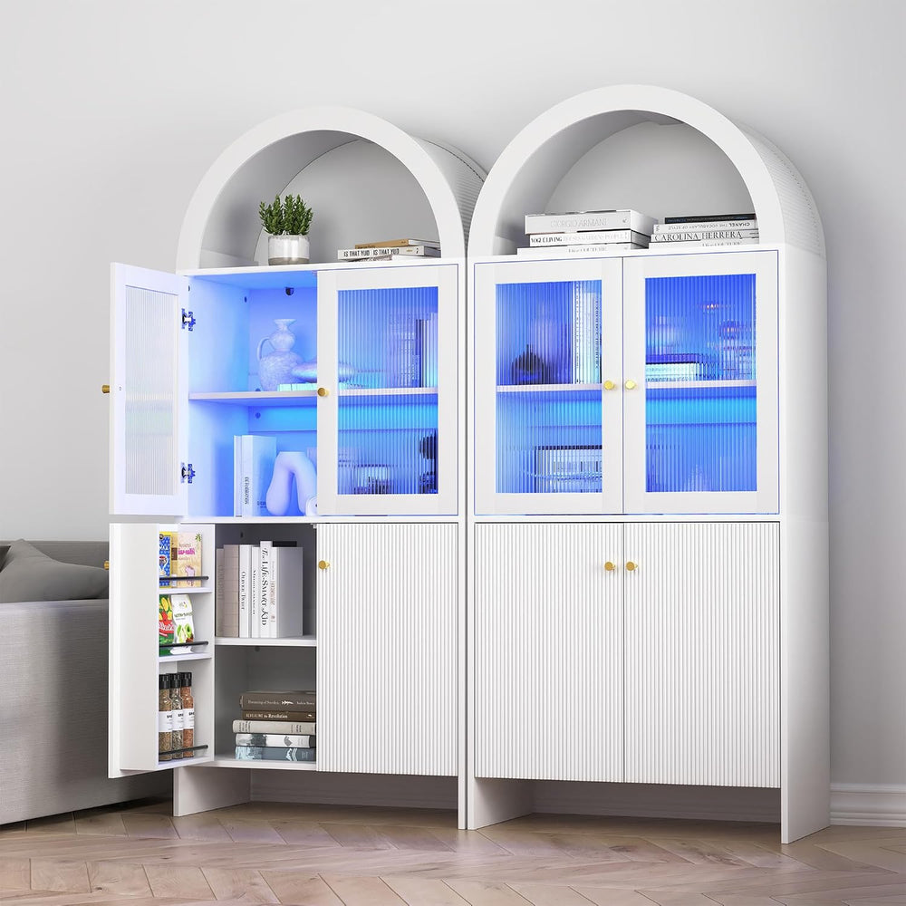 69" LED Tall Arched Kitchen Pantry Cabinet, Wood Kitchen Storage Hutch w...
