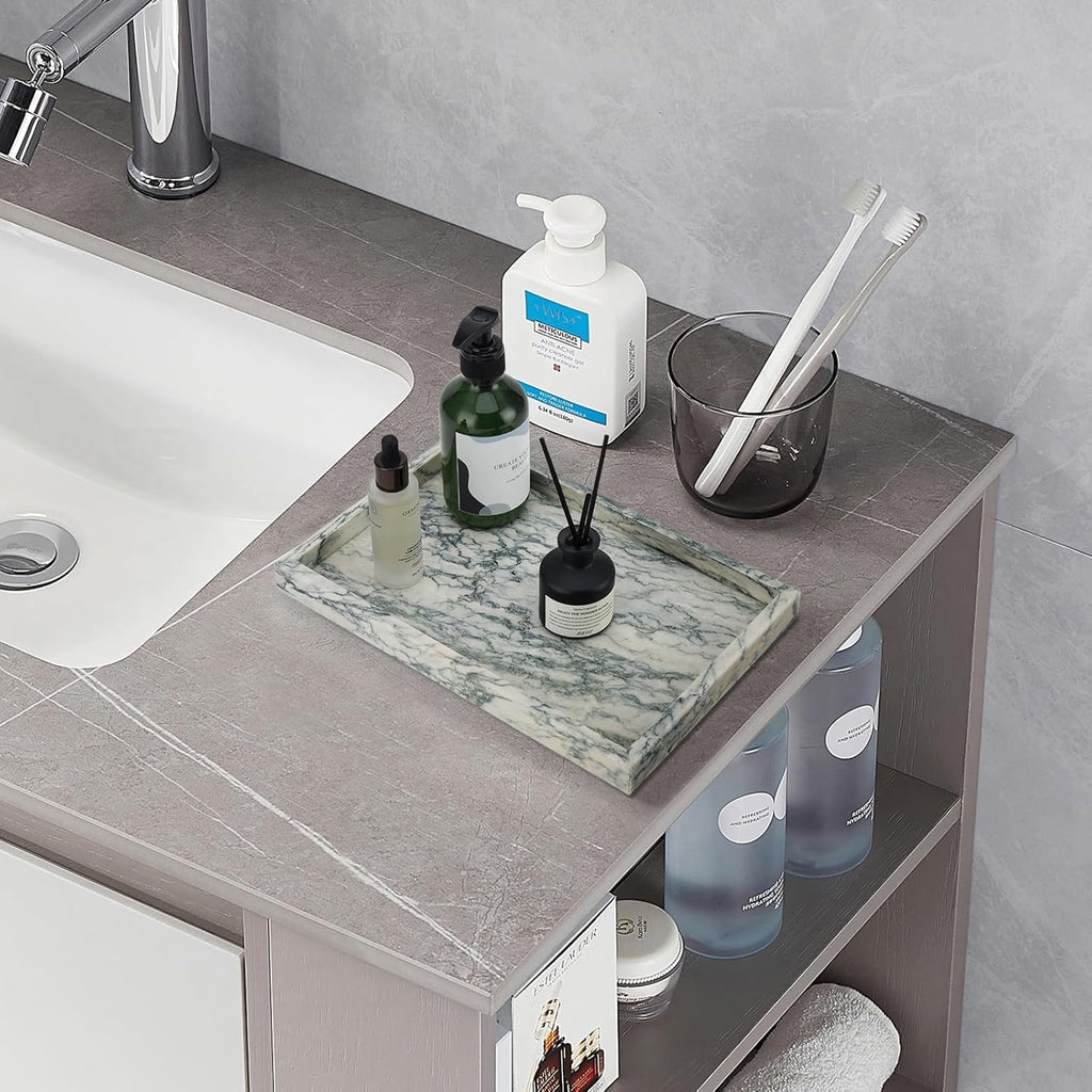 Real Natural Marble Tray for Bathroom, Vanity, Kitchen and Desktop, Rectangle Genuine Marble Stone Tray for Jewelry, Cosmetics, Candles, Lotion, Perfume and Home Decor Cyan Green