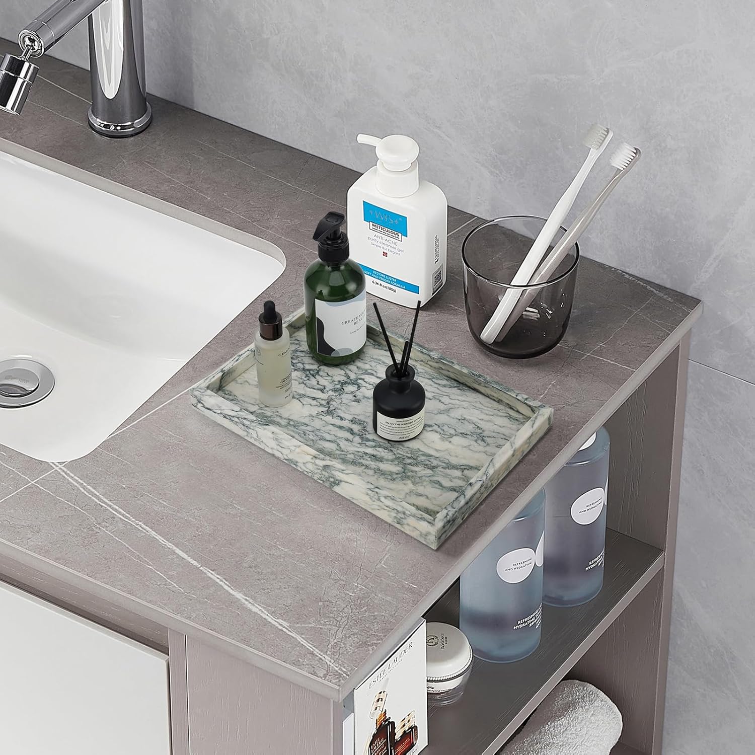 Real Natural Marble Tray for Bathroom, Vanity, Kitchen and Desktop, Rectangle Genuine Marble Stone Tray for Jewelry, Cosmetics, Candles, Lotion, Perfume and Home Decor Cyan Green