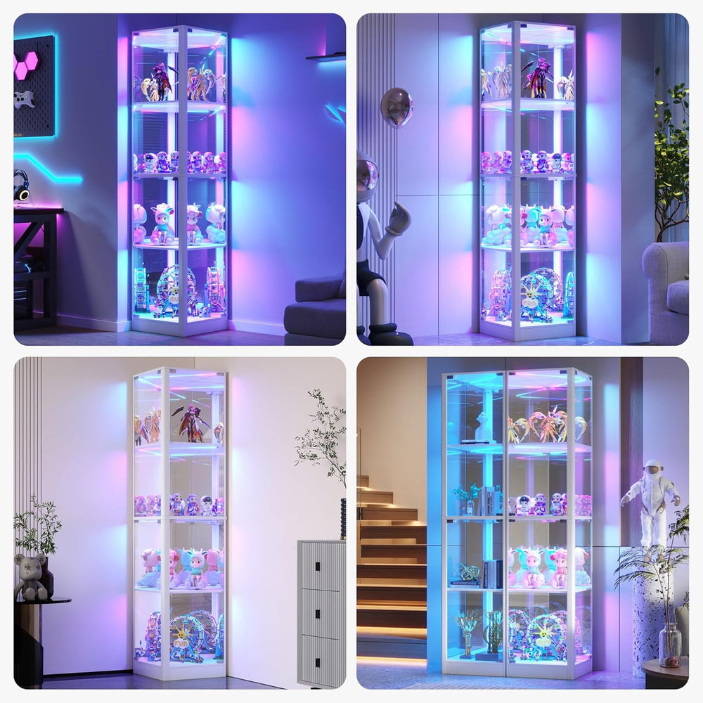 Corner Glass Display Cabinet with RGB Lights, 68" Curio Cabinet with Gla...