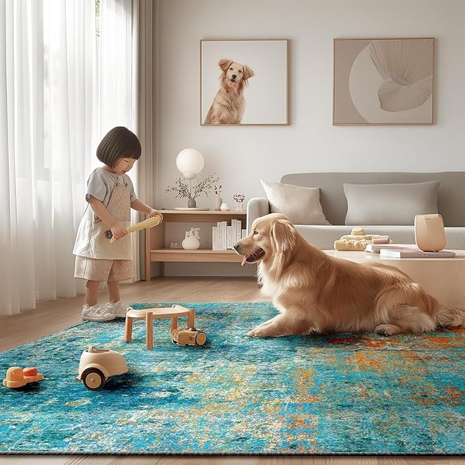 Washable Area Rugs 6ft Non-Slip Modern Abstract Soft for Living Room Entryway Bedroom Nursery, Print Pattern, Teal Blue Green Orange Rust Red Colorful