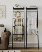 Blanket Ladder Shelf for Living Room, Decorative Quilt Rack with Storage Shelf, 6-Tier Farmhouse Ladder Holder Organizer with 4 Removable Hooks for Bedroom, Black BR35804B