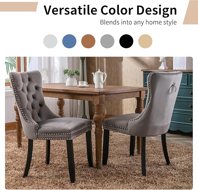 Modern Dining Chairs Set of 4, Tufted Upholstered Dining Chair with Solid Wood Legs, Grey Velvet Accent Chair, Sillas de Comedor, 4 Dining Chairs (Gray, Velvet, 4Pcs)