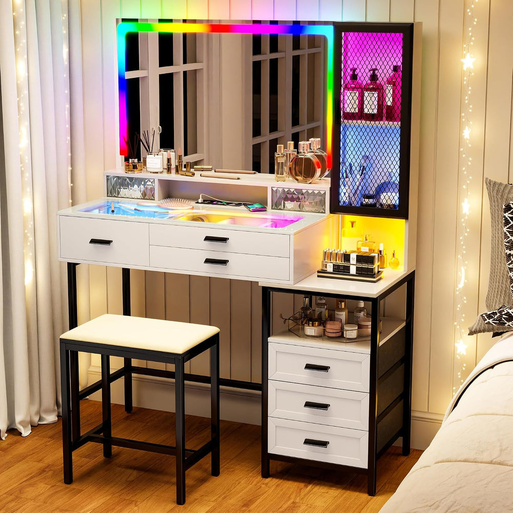Lvifur RGB Vanity Desk - with Mirror and Lights,7 Dynamic & 24 Static Dim...